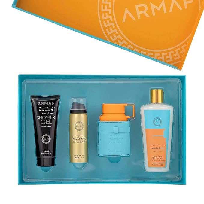 Armaf Odyssey Mandarin Sky – Citrus, Amber, Vanilla – 4-Piece Gift Set for Men (3.4 oz Eau de Parfum + 3.4 oz Shower Gel + 1.7 oz Body Spray + 8.4 oz Shampoo)