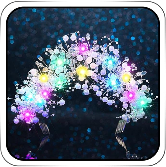JEAIRTS Light Up Beaded Crown Headband Silver Glow Bridal Pearl Headpiece Flashing Costume Prom Hair Accessories for Women