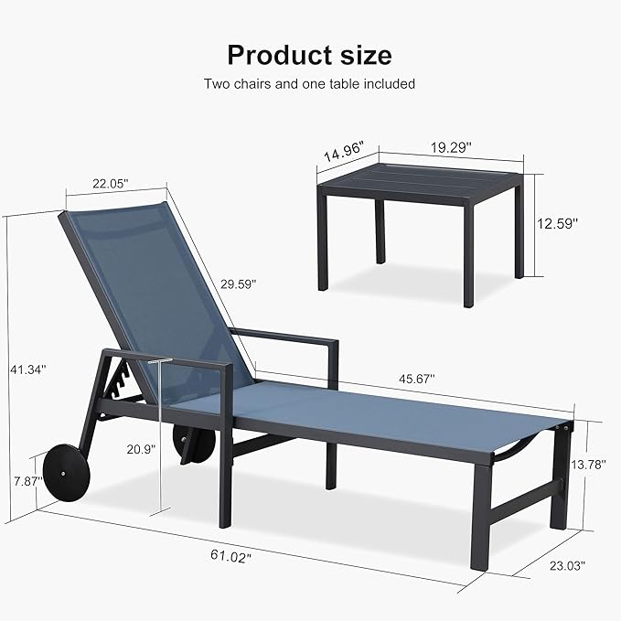 PURPLE LEAF Outdoor Chaise Lounge Set for 2 Aluminum Patio Chaise Lounger Chair with Armrest and Wheels Adjustable Pool Chaise Lounge Chairs for Beach Yard Poolside Table Included, Indigo