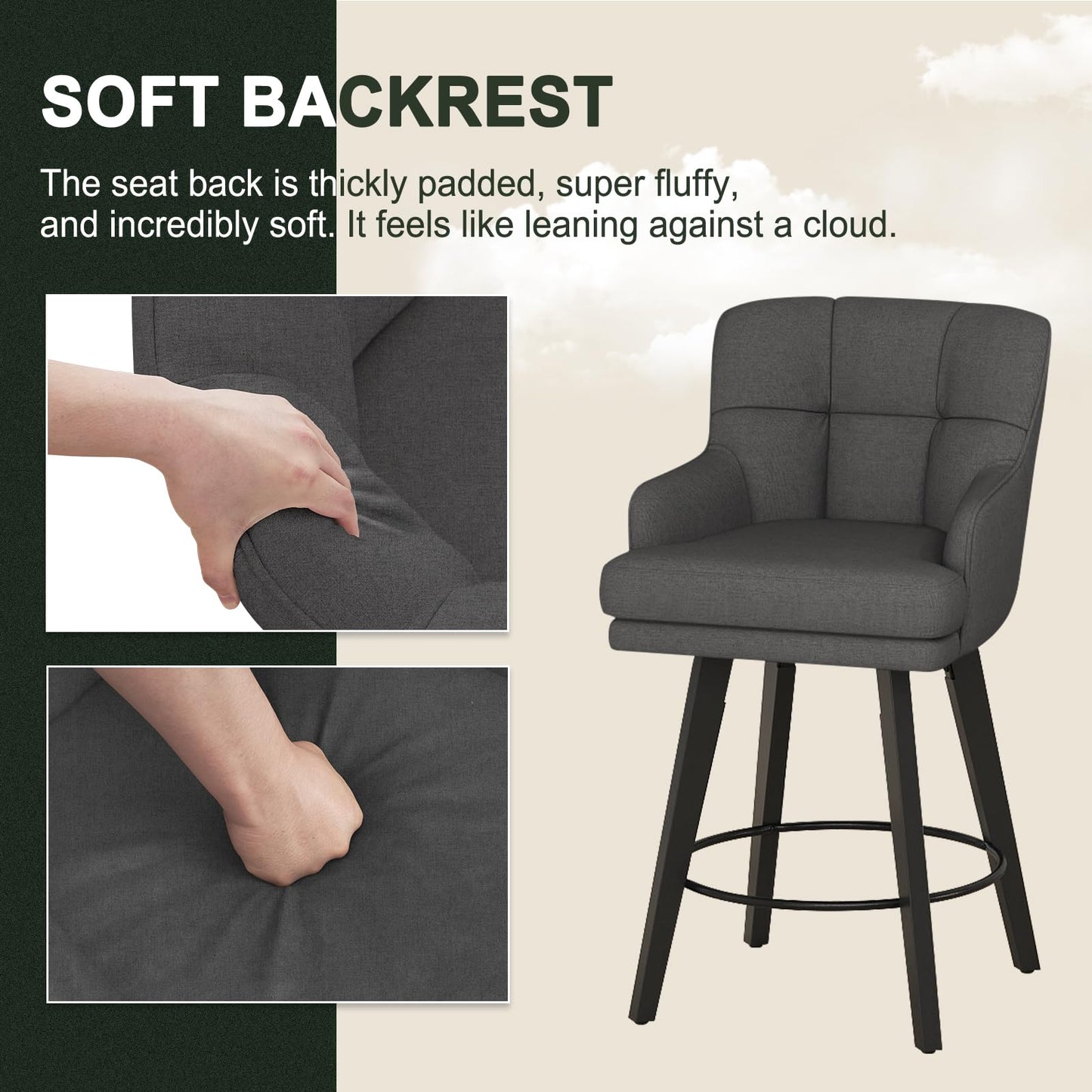 SAECKBERG 360°Swivel Counter Height Bar Stools with Back, 26 inch Solid Wood Legs, Bar Stool Modern Kitchen Island Chairs, Fabric (Black Grey- Fabric, 26" H- Set of 2)