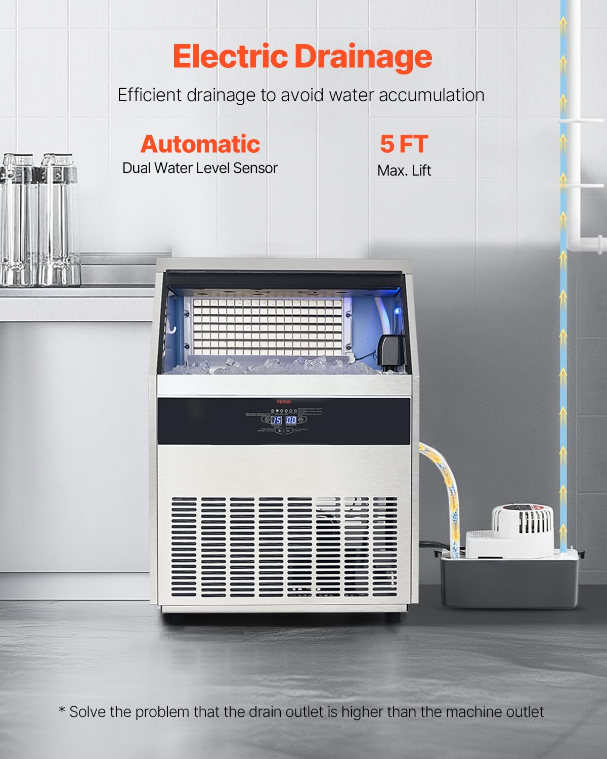 Vevor 265Lbs/24H Commercial Ice Maker Machine With Drain Pump, 88Lbs Storage Capacity Ice Maker, 126 Ice Cubes In 15 Minutes, Le
