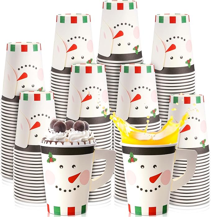 Maxcheck 100 Pieces Christmas Paper Cups with Handle 9 oz Holiday Disposable Cups Drinking Hot Chocolate Coffee Cup for Xm...