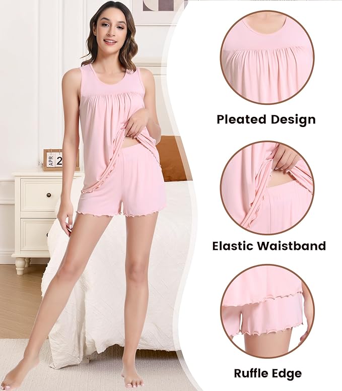 NACHILA Pajamas for Women-Viscose from Bamboo, Ribbed Racerback Tank Top Sexy Split Shorts Pajama Sets Cooling Sleep Cami Pjs