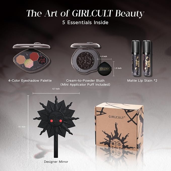GIRLCULT 5-in-1 Makeup Gift Set – Playful All-in-One Makeup Kit with Eyeshadow Quad, Cream Blush, Matte Lip Stains & Hand Mirror, Pigmented & Blendable, Valentine’s Day & Holiday Beauty Gift