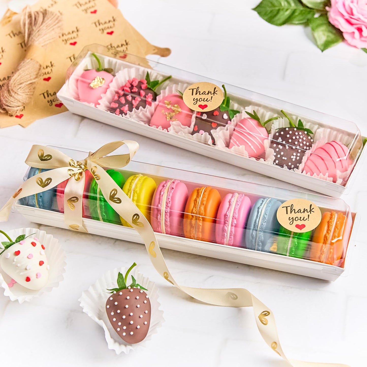 Kucoele 50 Pack Strawberry Boxes with Clear Lids, Disposable Macaron Boxes To Go Dessert Containers for Packaging Chocolate Covered Strawberries, Cookies, Cocoa Bombs, Truffles