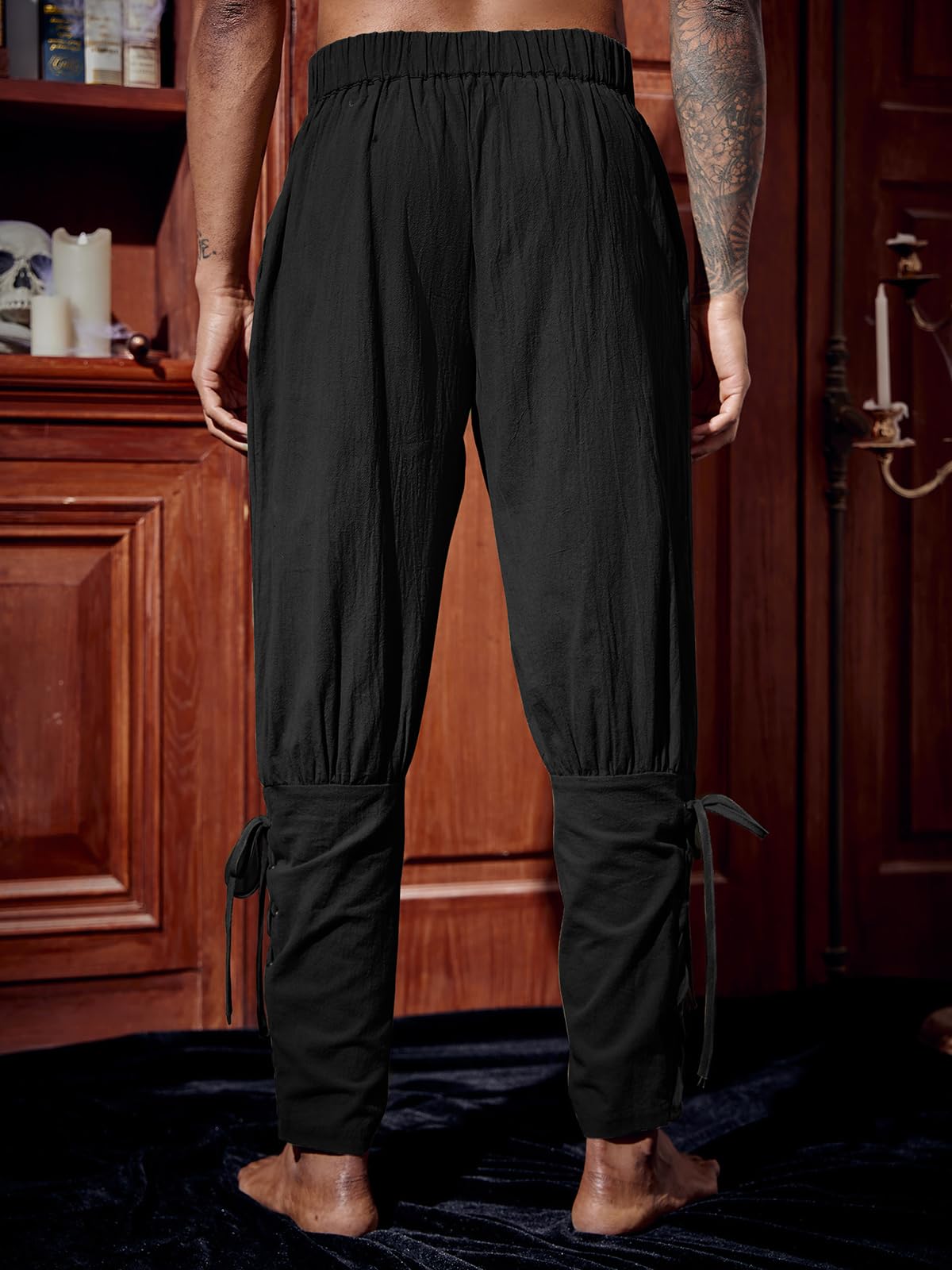 Runcati Mens Medieval Ankle Pants Renaissance Viking Pirate Lace Up Tapered Halloween Linen Costume Trousers Black