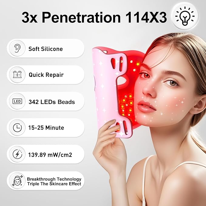 Red Light for Face,Red Light Mask For Face And Neck Women,25°C-32°C Heated Infrared Face Mask,Anti-Aging Infrared,LED 940nm IR