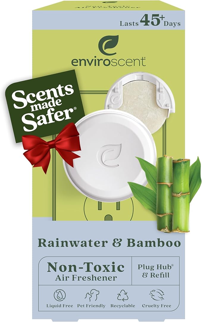 Enviroscent Non Toxic Air Freshener Plug-in Home Fragrance Last 45+ Days | Kit includes 1 Refillable Plug In Warmer & 1 Scent Refill (Rainwater & Bamboo)