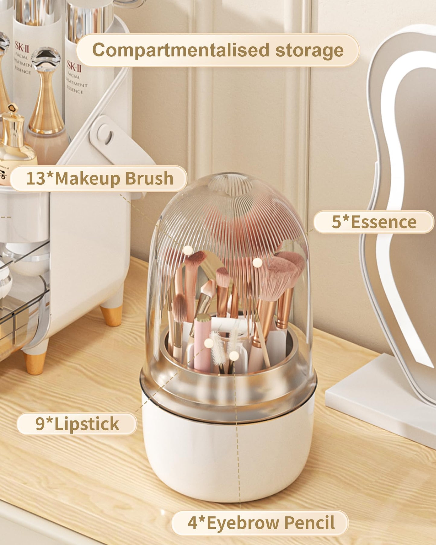 Anylady Makeup Brush Holder for Vanity - 360 Rotating Makeup Brush Organizer (Thicken Upgraded), Toothbrush Holder with Cover, C