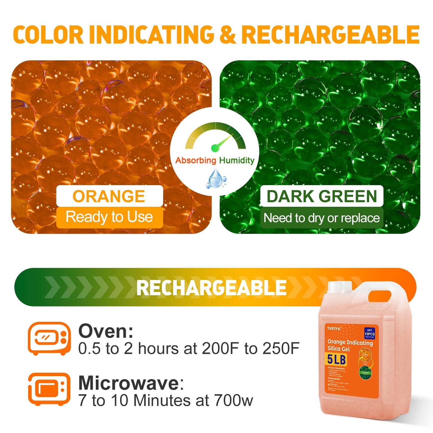 TUXIYA 5 LBS Orange Indicating Silica Gel Desiccant Beads,(Industry Standard 3-5 mm) Rechargeable Silica Gel Beads for 3D Filament, Electronic Devices, Camera, Jewelry, Safe(15PCS Organza Bag)