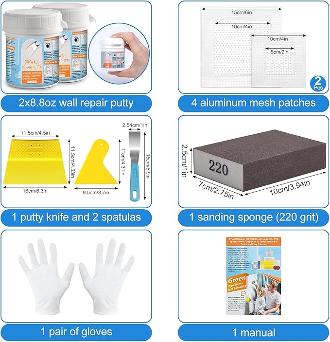 Dry Wall Patch Kits, Aluminum Spackle Wall Repair Patch Kit Fiber Mesh Plate with Scraper, 8.8oz X 2 White Repair Putty Drywall Hole Filler to Fix Wall Surface Holes, Quick Repair Creak Damage