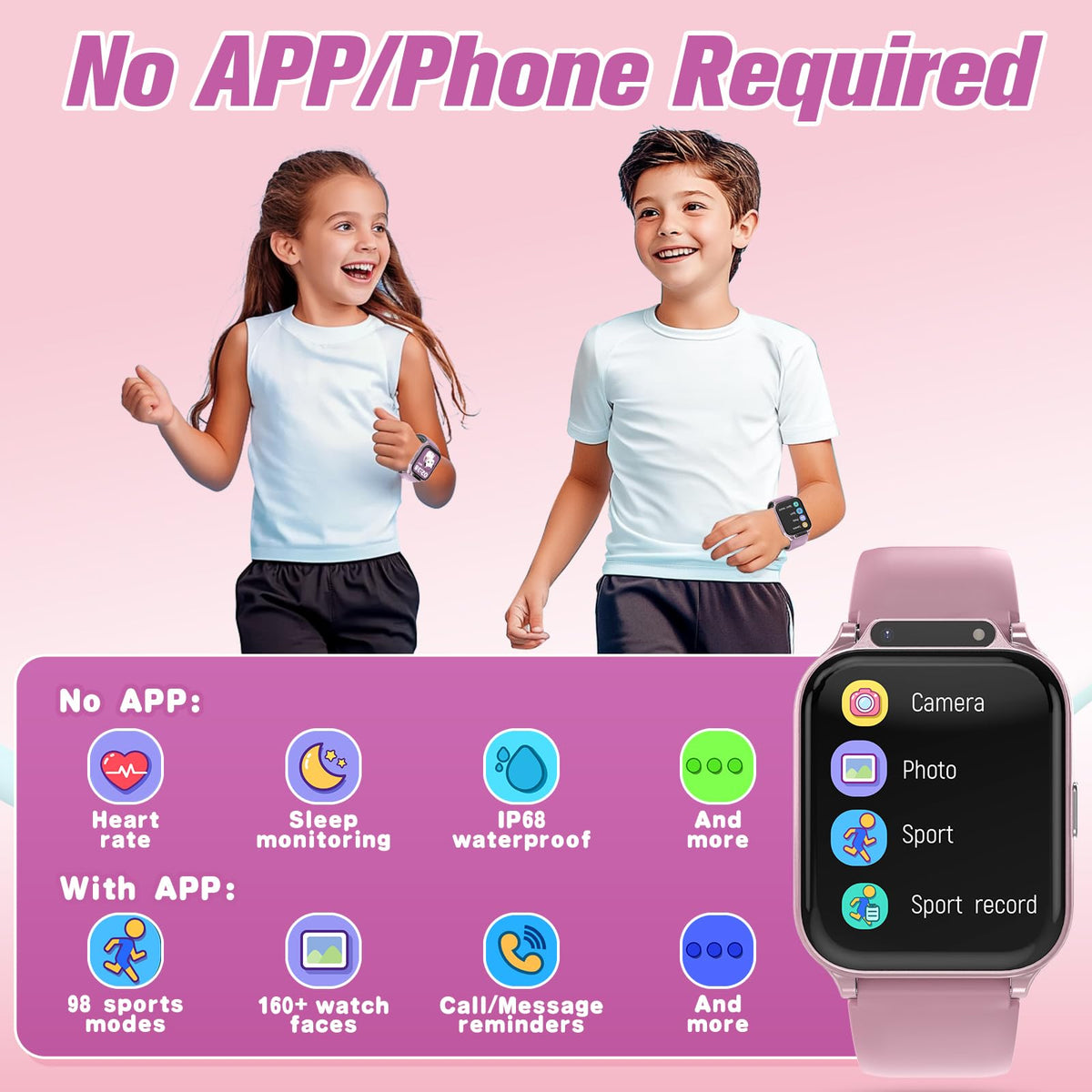 Smart Watch for Kids 1.85" with Fitness Tracker, Sleep Monitor, 22/100+ Sport Modes, DIY Dial, IP68 Waterproof, Step Counter, Heart Rate, Camera, with/Without APP, Gift for 3-12 Years Old Girls