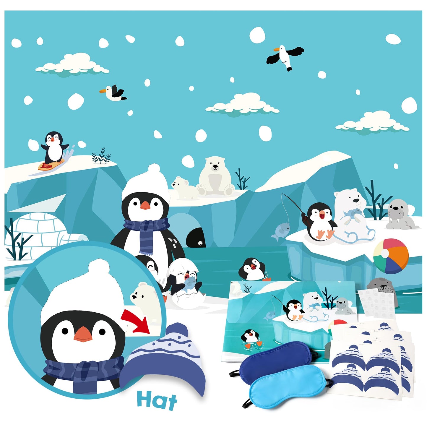 EmmgHen Pin the Hat On the Penguin Party Game Poster with Stickers Fun Winter Polar Arctic Animals Themed Activities Party Decorations Supplies for Christmas Holiday New Year Birthday Family Gathering