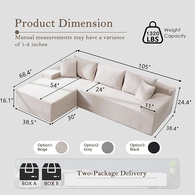 105’’ L-Shape Modular Sectional Sofa with Chaise, Convertible Cloud Couch, Corduroy Fabric & High-Density Memory Foam, No Assembly Required for Living Room (Beige, Left Facing Chaise)