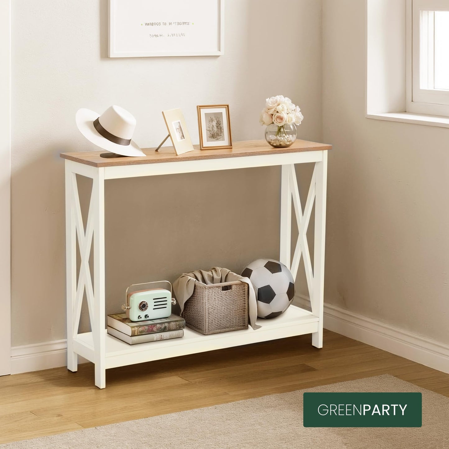GREEN PARTY Vintage Farmhouse Entryway Console Table, 2-Tier Narrow Sofa Table with Storage Shelf for Living Room and Hallway, Rustic White Accent Furniture with Sturdy X-Shaped Legs