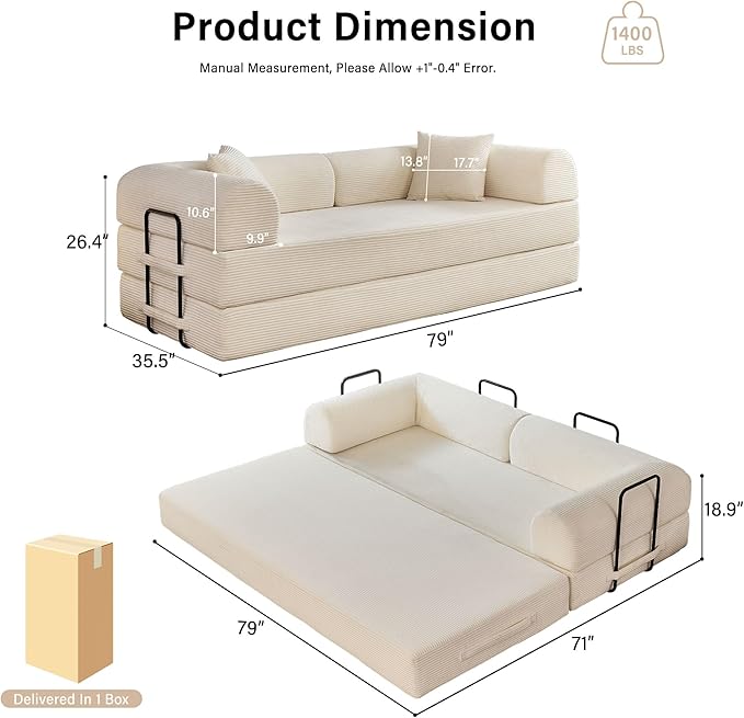 79" 5-in-1 Folding Convertible Sofa Bed, Oversized Corduroy Futon Floor Couch with Pull-Out Sleeper, Modular Boneless Loveseat for Small Spaces, Living Room, Bedroom (White1)
