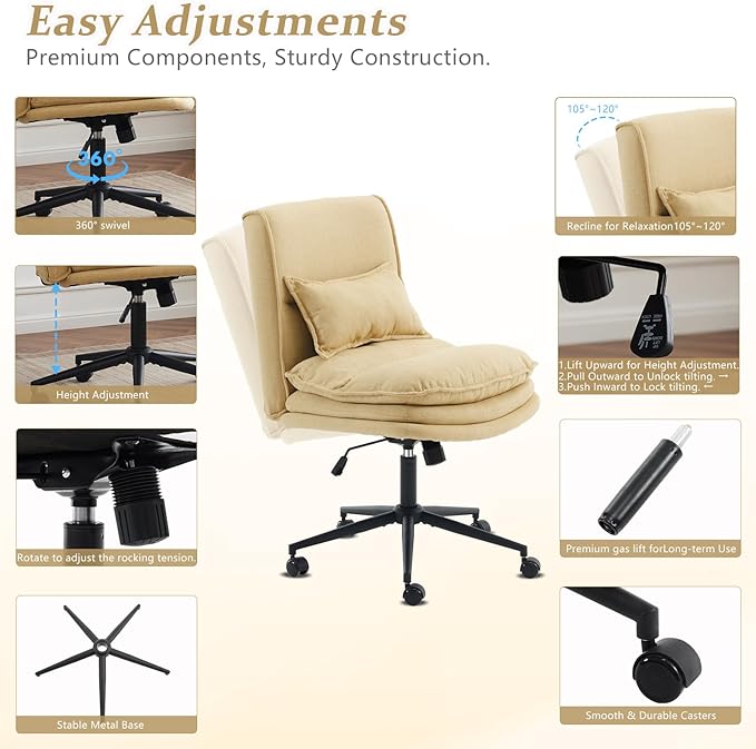 VINGLI Cloud Criss Cross Legged Chair,18" High Back Armless Home Office Desk Chair with Wheels,Wide Adjustable Comfy Padded Seat Task Computer Chair,Modern Swivel Makeup Vanity Chair,Fabric,Yellow