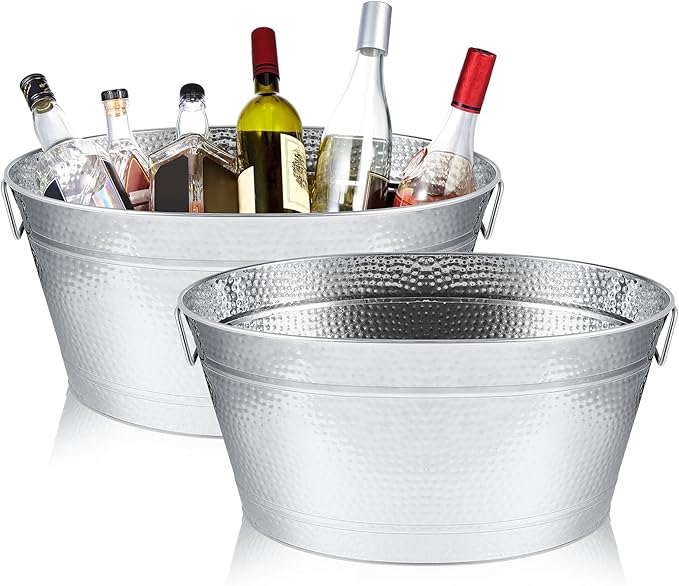Uiifan 2 Pcs 24 Quart 6 Gallon Hammered Stainless Steel Beverage Tub Heavy Duty Oval Metal Large Ice Bucket for Drinks Buc...