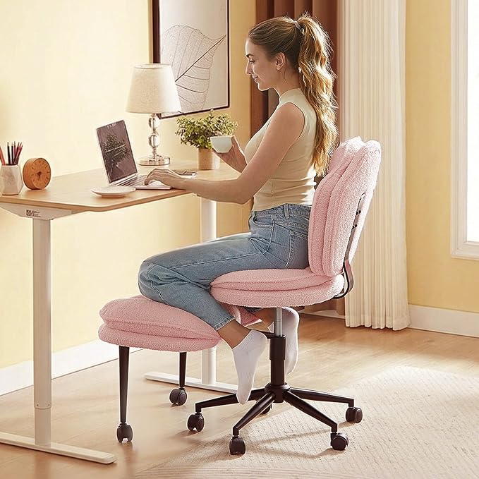 Ergonomic Cross Legged Office Chair for ADHD, Kneeling Chair with 360° Swivel Wheels and Reversible Seating for Meditation, Adjustable Height and Seat Deapth, Teddy Fabric, Pink