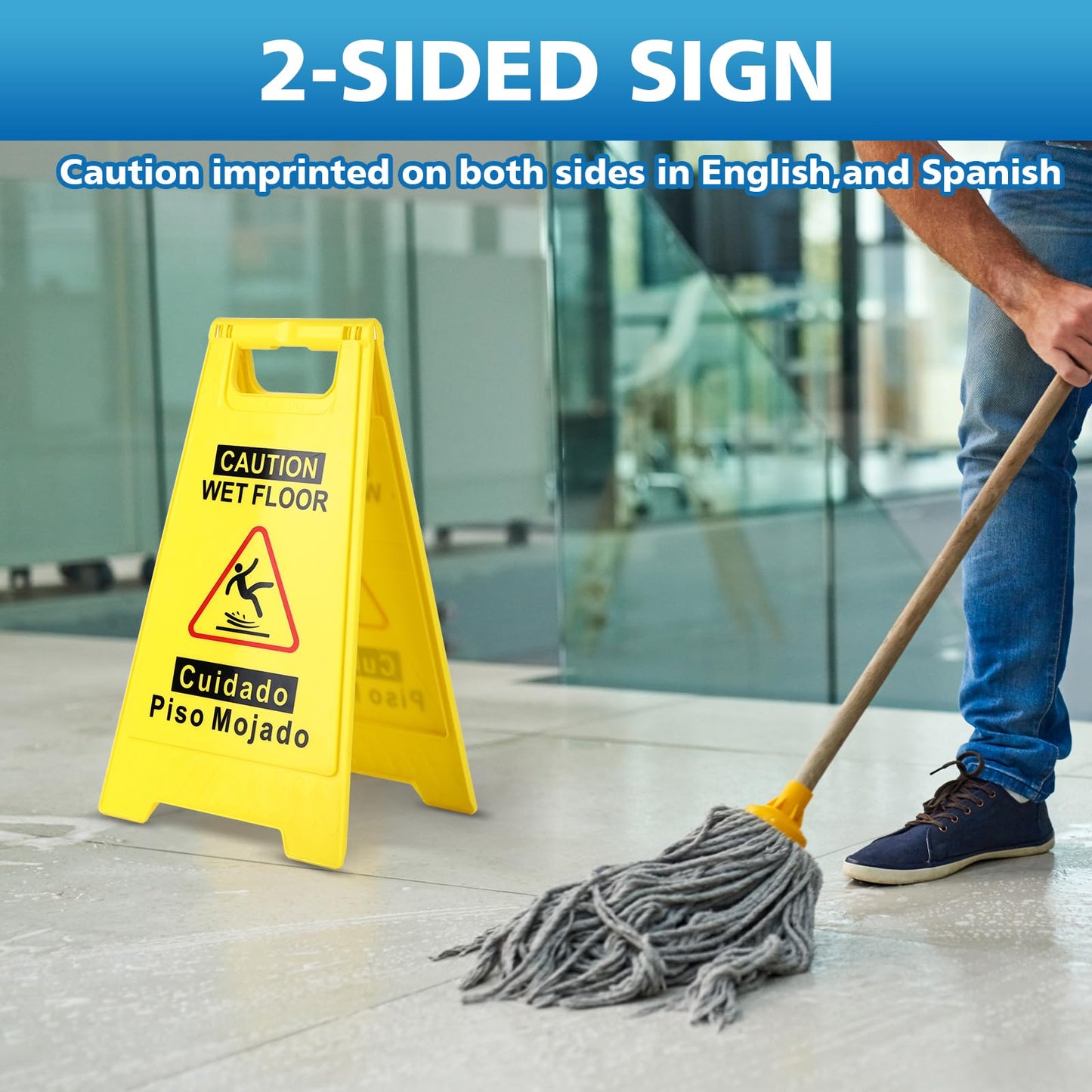 WOUSEDO 6-Pack Caution Wet Floor Sign,17.5" Height,Bright Yellow Double-Sided Folding A-Shaped Frame Design, Bilingual Caution Message