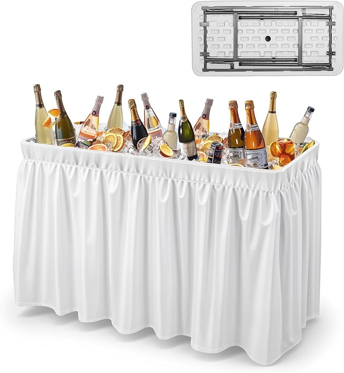 VINGLI 46" Extra Large Party Ice Cooler Folding Table, Portable Tailgate Camp Fishing Cleaning, Plastic with Matching Skir...