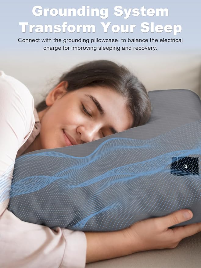 YOUBLAO Grounding Pillowcase, 90% Organic Cotton and 10% Silver Fiber Grounding Pillow Case with 15ft Grounding Cord, Gray Sleep Pillow 20x36 inch for Improve Sleep Improving Energy