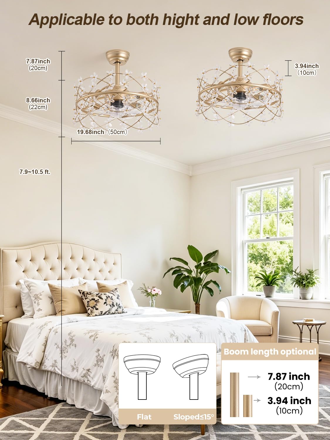 youngrender 20 Inch Gold Caged Ceiling Fan with Light, Flower Chandelier Ceiling Fan with Lights Remote Control, Frower Crystal Fandelier 6 Speeds for Girl's Bedroom, Living Room