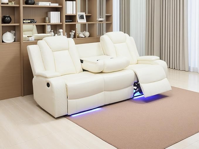 Dekmxas Power Recliner Sofa Set, Creamy White Leather Sectional Reclining Sofa with 2 Recliner Seats, Living Room Furniture Set with LED Light/Cup Holder/Storage Console for Office & Living Room