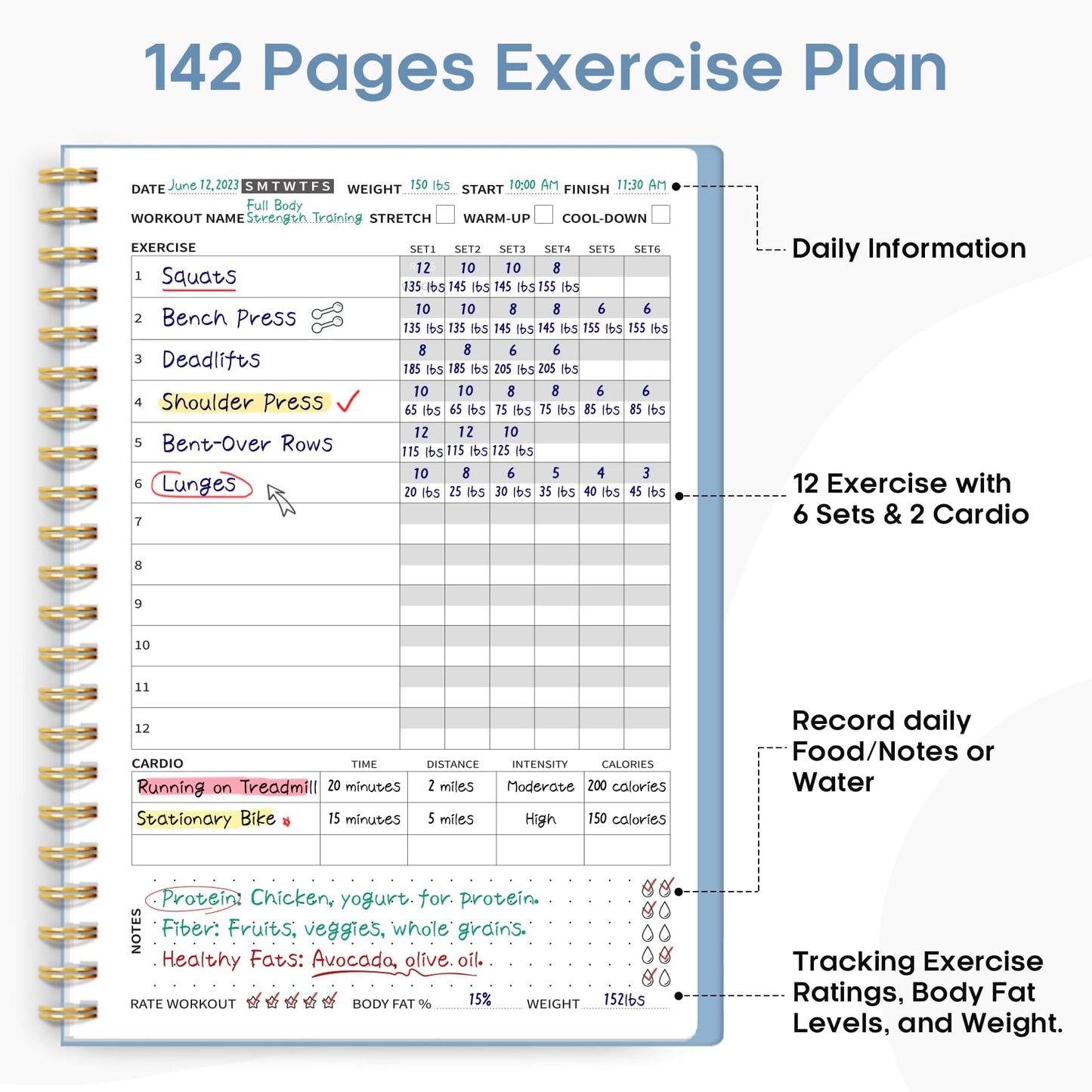 Fitness Workout Journal for Women & Men, A5(5.5" x 8.2") Workout Log Book Planner for Tracking, Progress, and Achieving Your Wellness Goals-Sky Blue