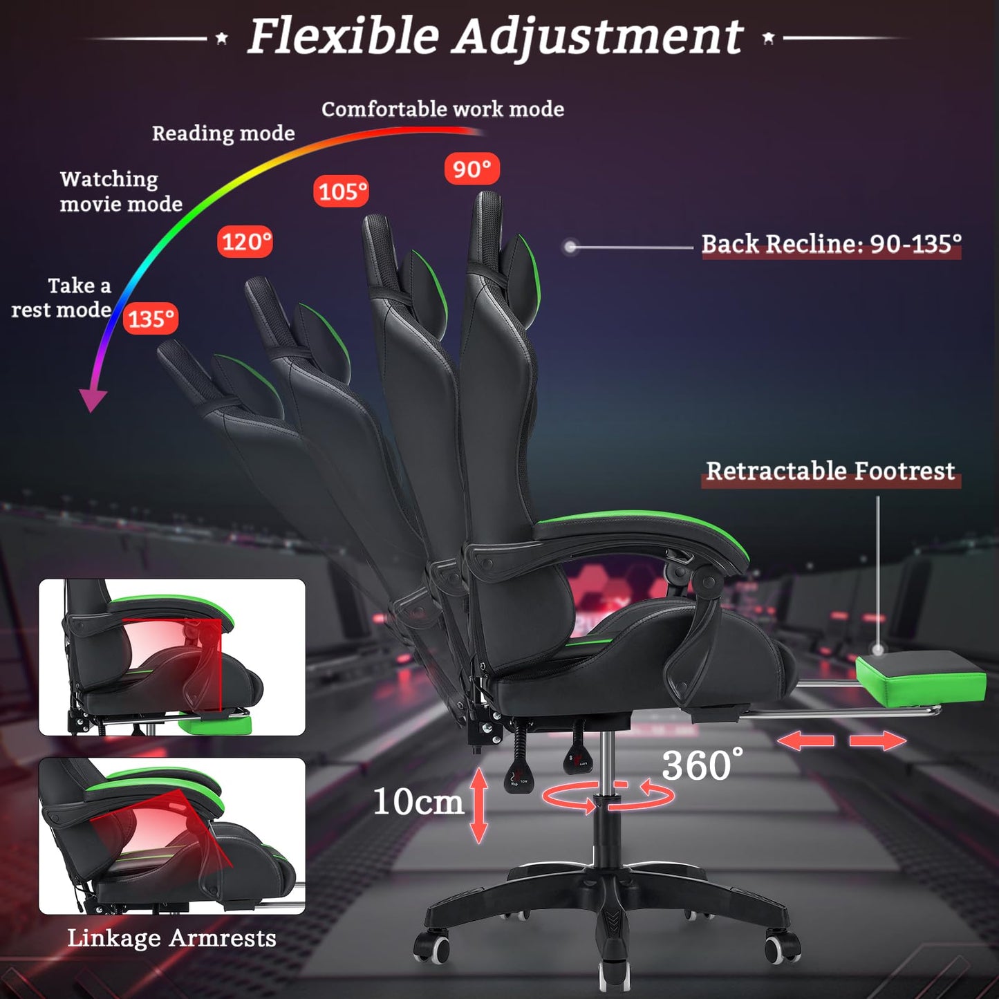 RGB Gaming Chair with LED Lights and Massage Ergonomic Computer Chair with Footrest High Back Video Game Chair with Adjustable Lumbar Support Linkage Armrest Green and Black