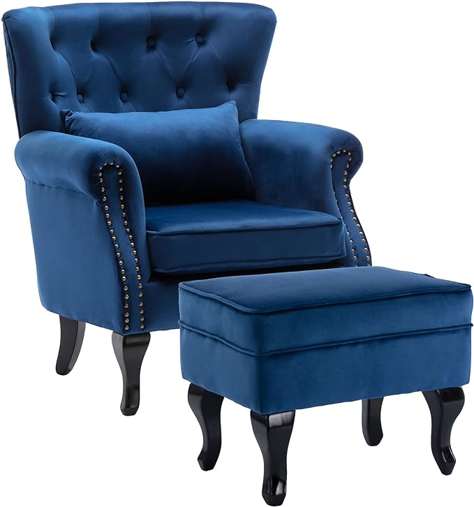 DM Furniture Mid-Century Accent Chair with Ottoman Modern Button Tufted Armchair Wingback Club Chair Velvet Single Sofa Lounge Chair with Pillow for Living Room Bedroom, Blue