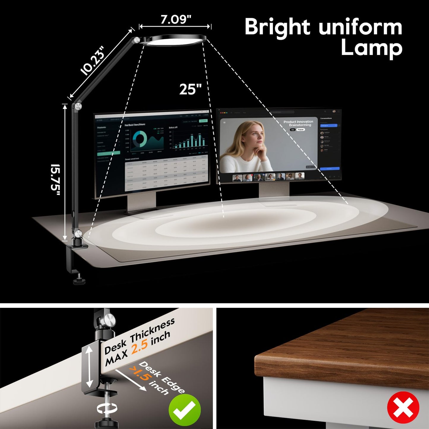 Led Desk Lamps for Home Office, Eye-Care Architect Light with Clamp, Dimmable Zoom Lighting with 3 Color Modes & 10 Brightness, Smart Computer Ring Light for Video Calls, Conference, Reading