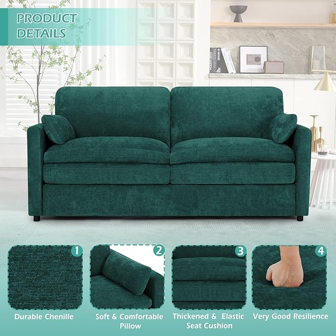 ACMEASE 69” Chenille Loveseat Sofa w/Arm Pillows, Upholstered 2-Seater Sofa w/Comfortable Back Cushions, Modern 2 Seats Couch w/High-Density Foam for Living Room, Apartment, Office, Teal