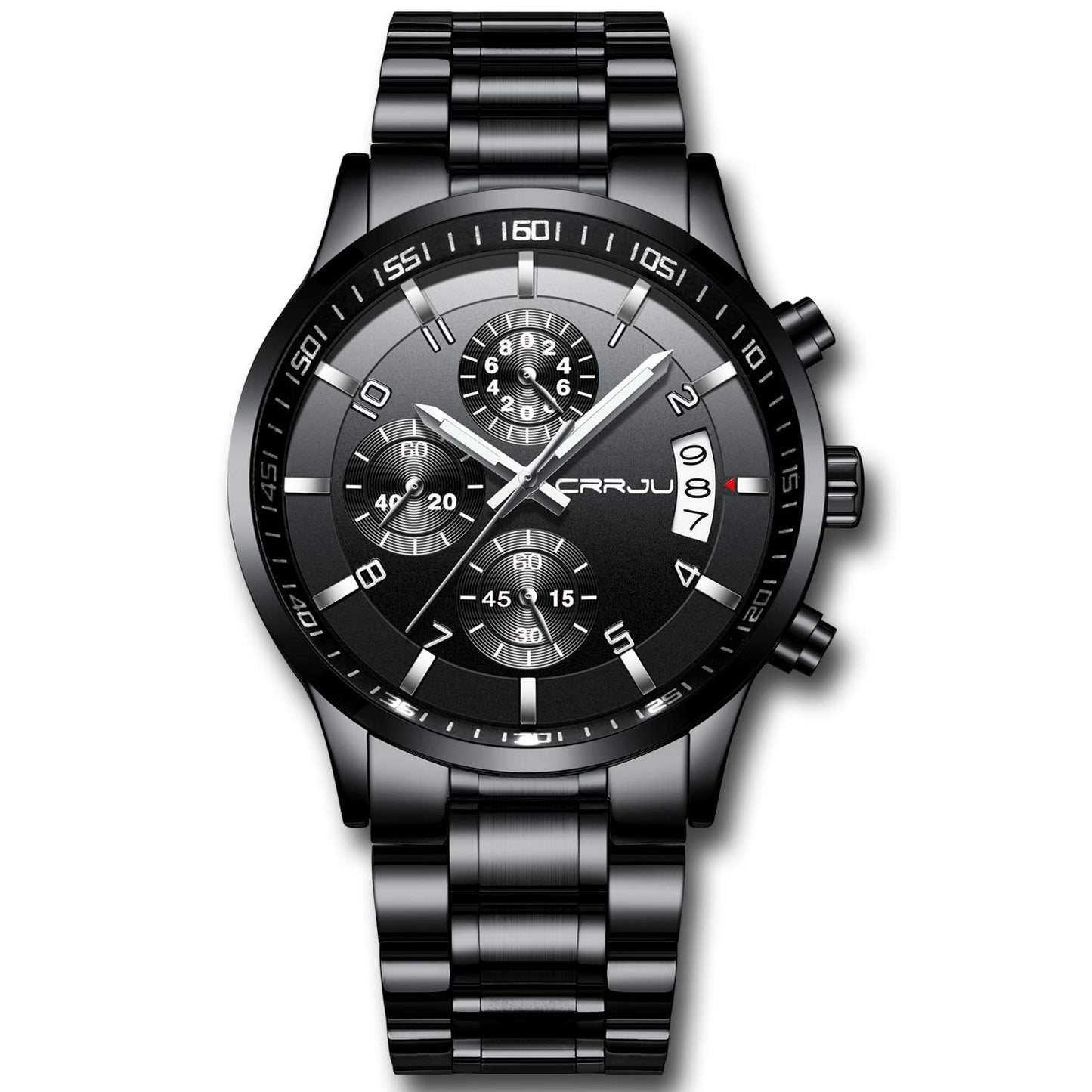 CRRJU Men's Black Watch Fashion Business Chronograph Quartz Wristwatches,Luxury Stainsteel Steel Band 3ATM Waterproof Watch for Men
