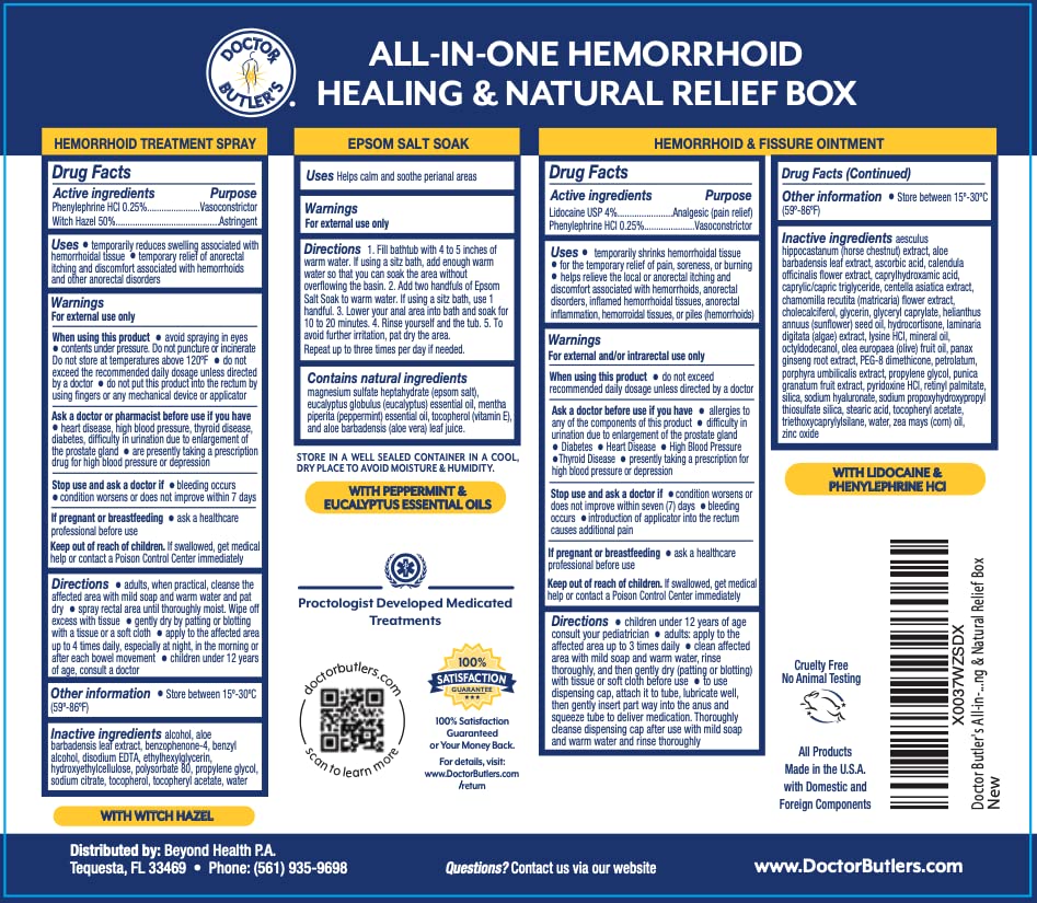 Doctor Butler's Hemorrhoid Treatment Bundle - Includes Hemorrhoid & Fissure Ointment with 4% Lidocaine, Hemorrhoid Spray with Witch Hazel, and Epsom Bath Salts to Help Reduce Irritation
