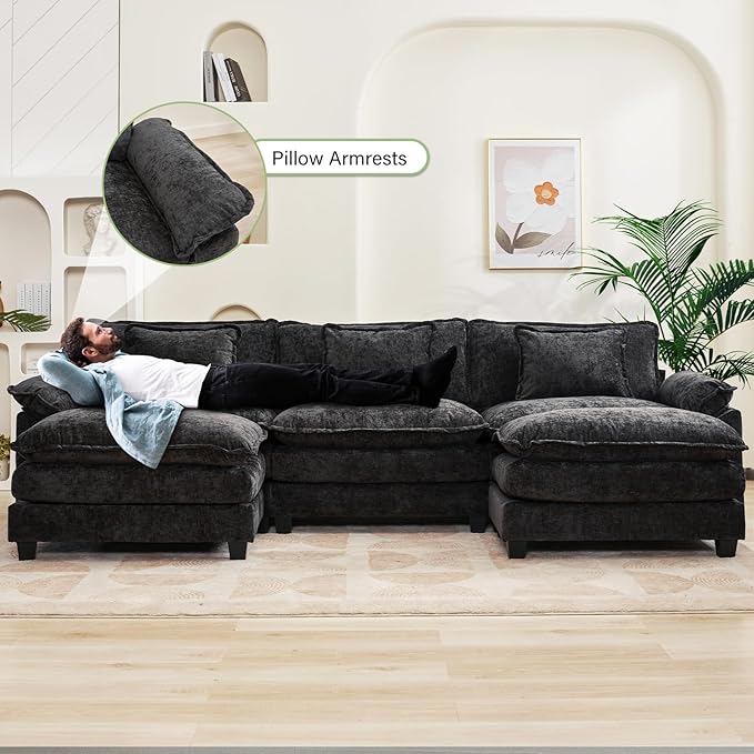 Oprisen 120" Modular Sectional Sofa, Comfy Cloud Couch Sectional Sofa with Ottoman, Chenille Sofa Sleeper Deep Seat Sofa with Throw Pillows for Living Room (Black, 120"- U Shape)