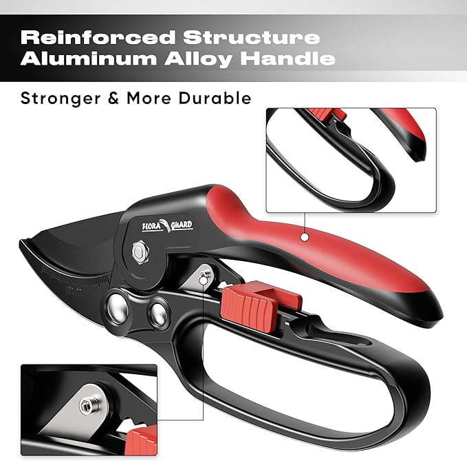 FLORA GUARD Ratchet Pruning Shears, Garden Shears with Reinforced Structure, 3x Cutting Power, Sharp Gardening Scissors for Branches up to 7/8 in, Ideal for Weak Hands