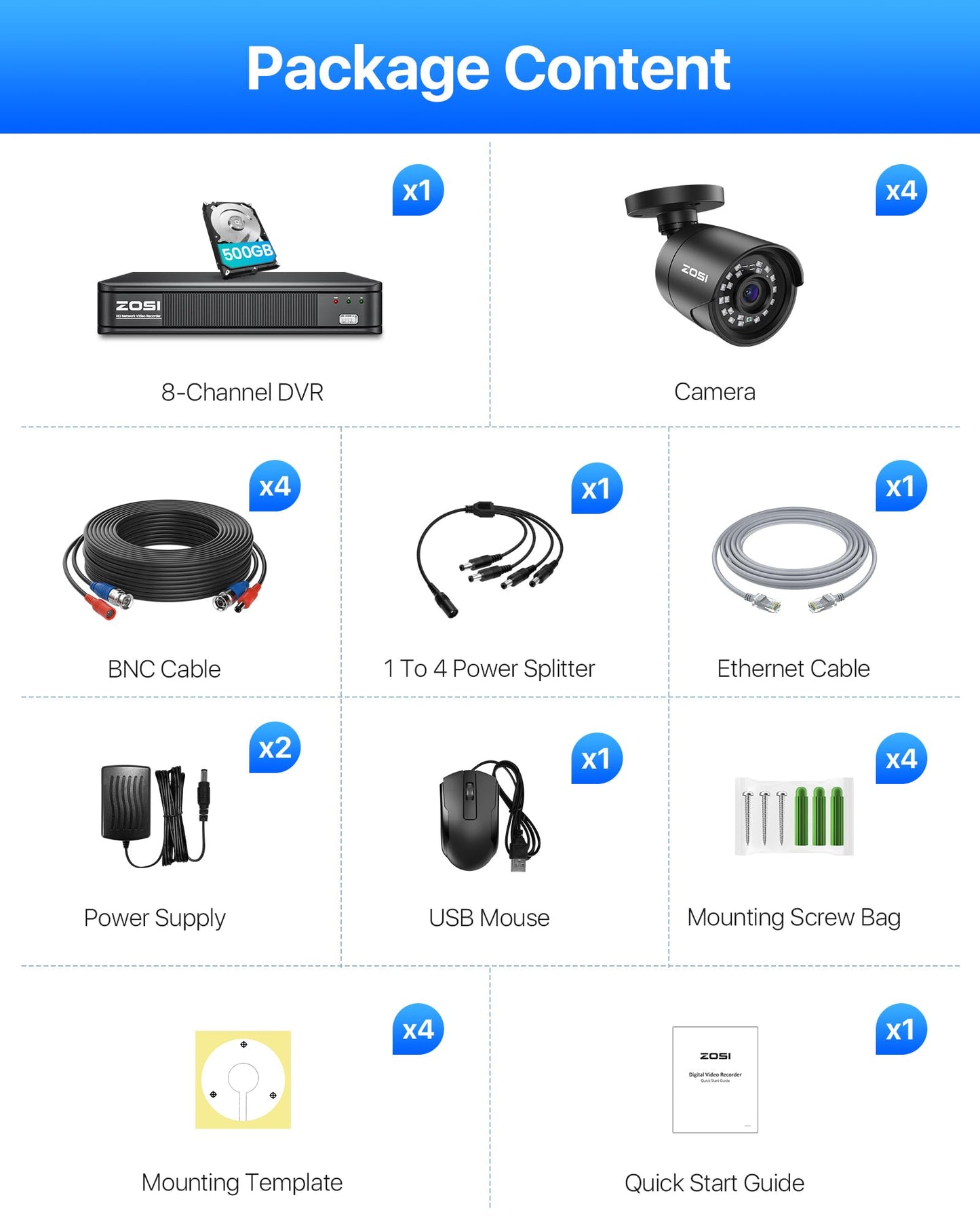 ZOSI 5MP 3K Lite CCTV Security Camera System with AI Human Vehicle Detection, 8CH H.265+ DVR and 4 x 1080p Surveillance Bullet Cameras Outdoor Indoor, 100ft Night Vision, IP66 Weatherproof, 500GB HDD
