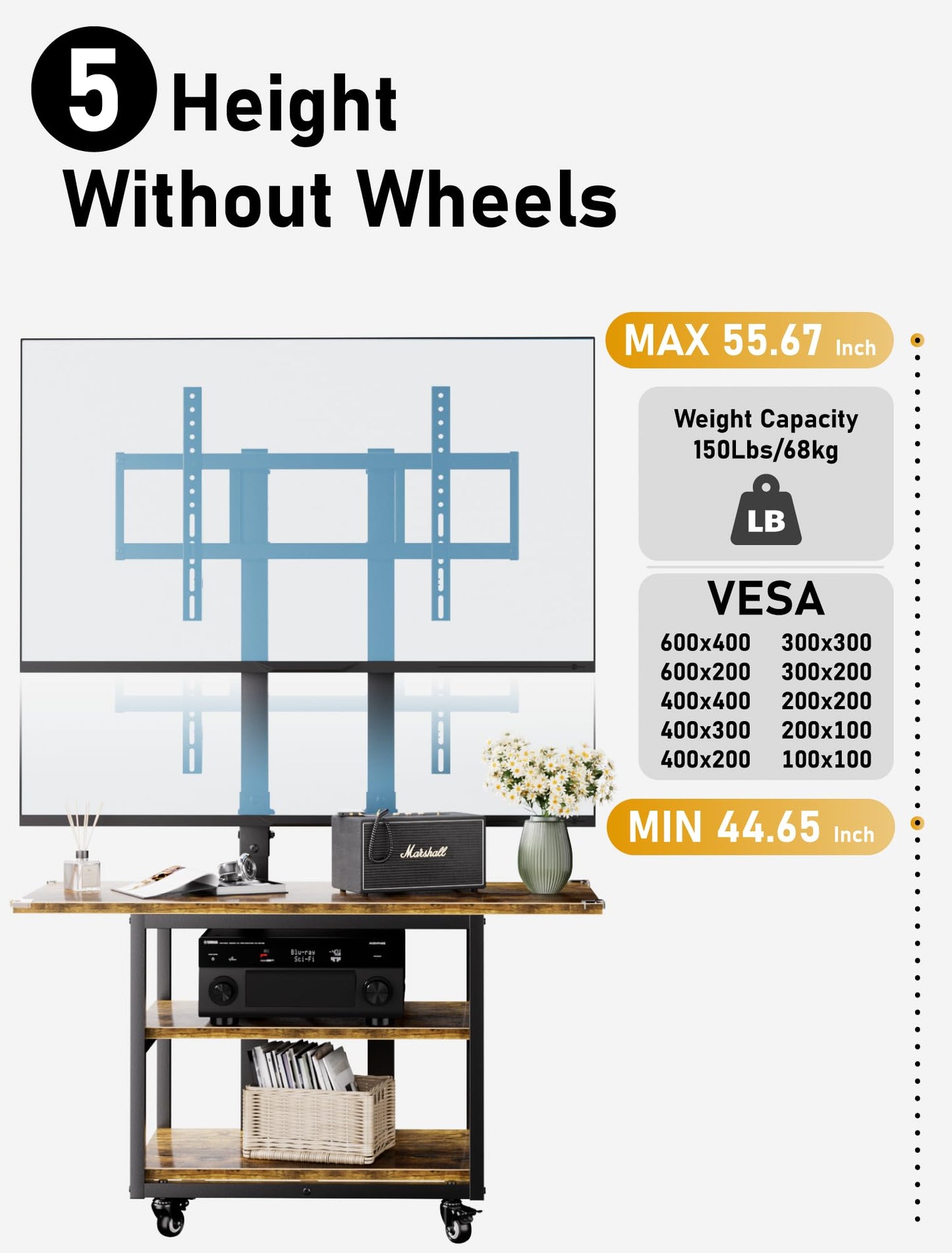 EZISE Heavy Duty Mobile TV Cart with 3-Tier Shelves, Height Adjustable Rolling TV Stand for 32-75 inch TVs up to 150 lbs, Portable TV Stand with Wheels for Home & Office, Max VESA 600×400mm(Retro)