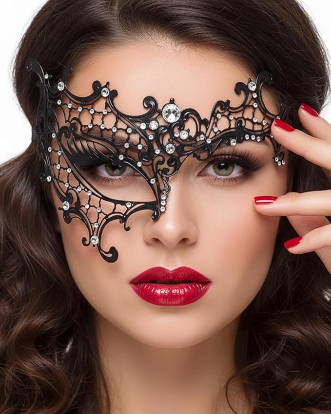 Campsis Masquerade Mask Black Masquerade Ball Mask Metal Rhinestone Venetian Party Masks for Women