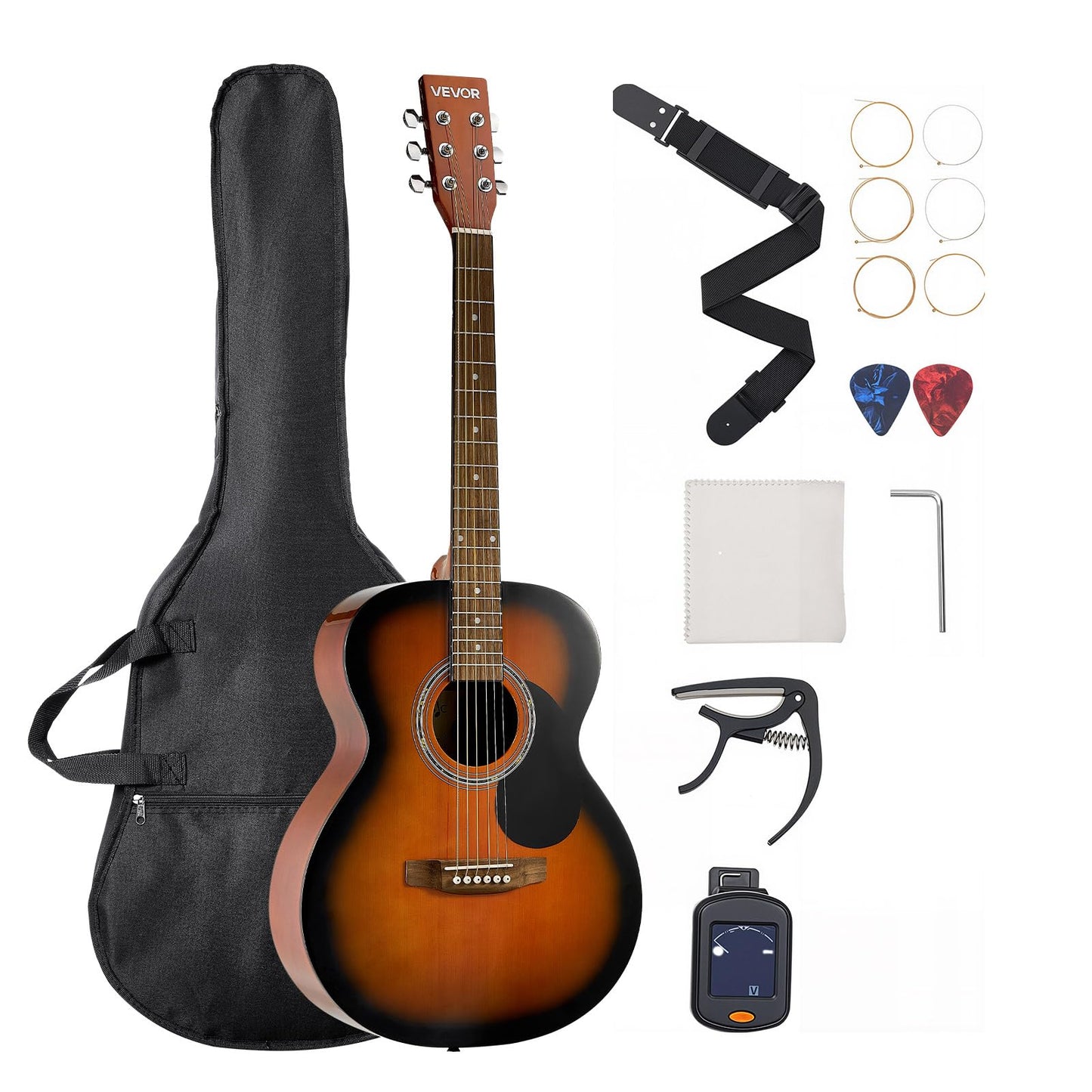 Vevor Dreadnought Acoustic Guitar, 40 In, 6-String Sunburst Solid Top Guitar, Beginner Bundle With Gig Bag, Tuner, Strap, Steel