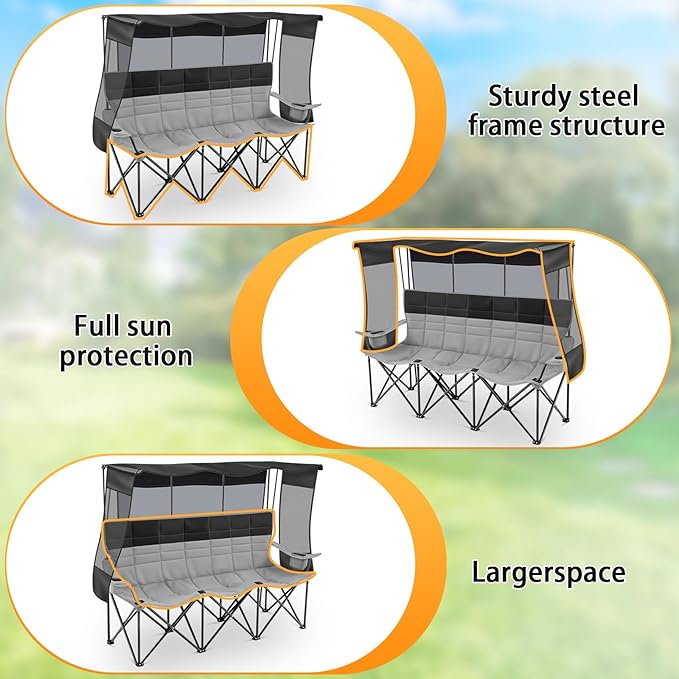 Teenyyou 3 Person Camping Chair with Canopy Shade Fully Padded Folding Outdoor Oversized Sofa, Heavy Duty Couch with Cup Holder and Carry Bag (Black and Grey,3 Person,Canopy Camp Chair)