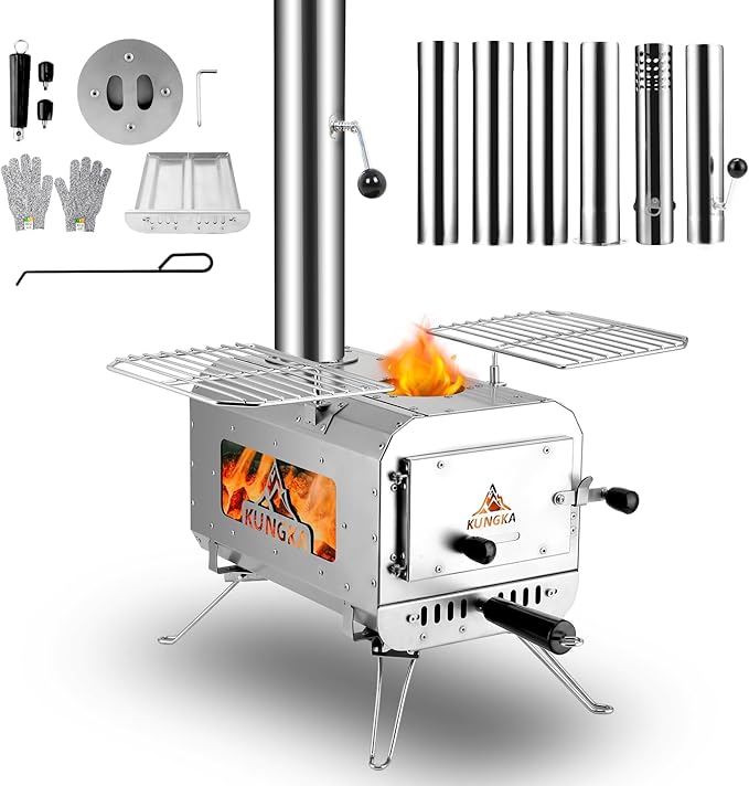KUNGKA Tent Stove, 7.3ft height Portable Wood Burning Stove, Small Stainless Steel Hot Tent Stove with 6 Chimney Pipes for...