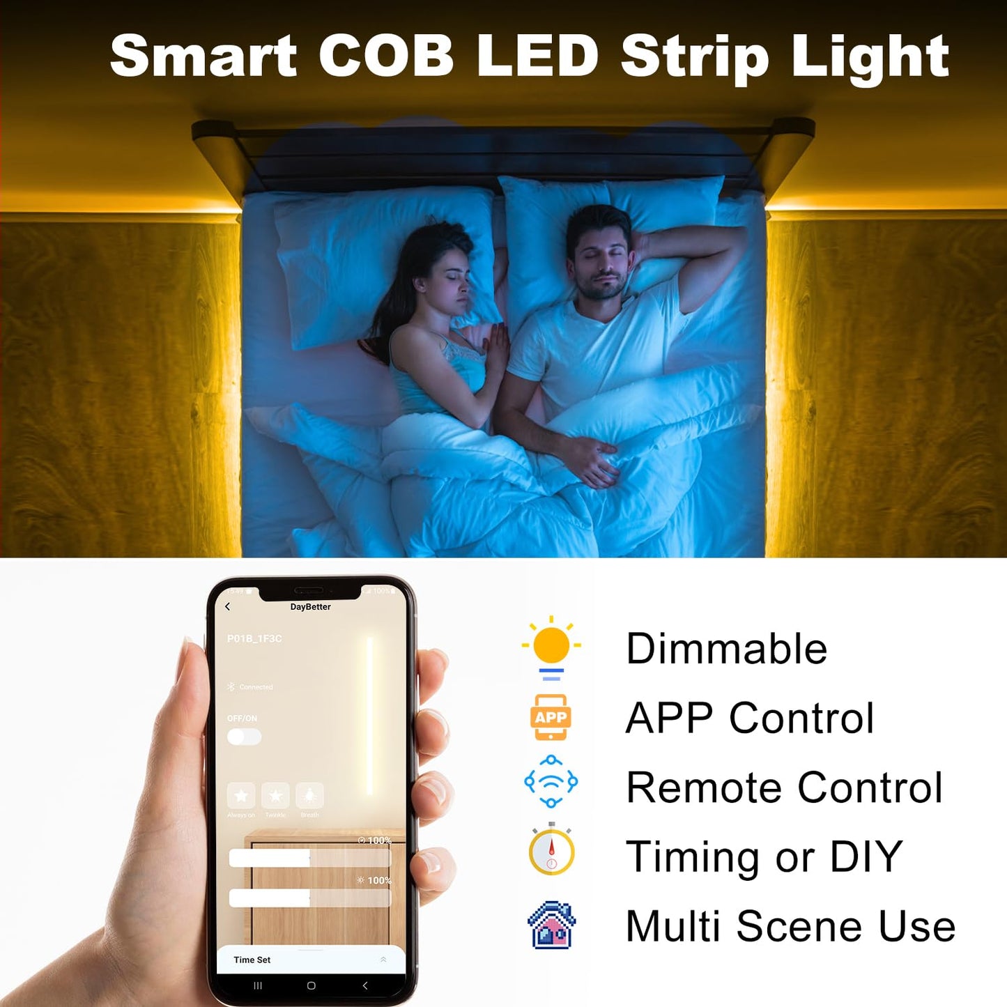 DAYBETTER COB LED Strip Lights, 32.8 ft/10 m 3200 LEDs Bright Warm White LED Light Strips with Remote and App, 3000K Dimmable LED Tape Light, Indoor COB LED Lights for Bedroom DIY Lighting