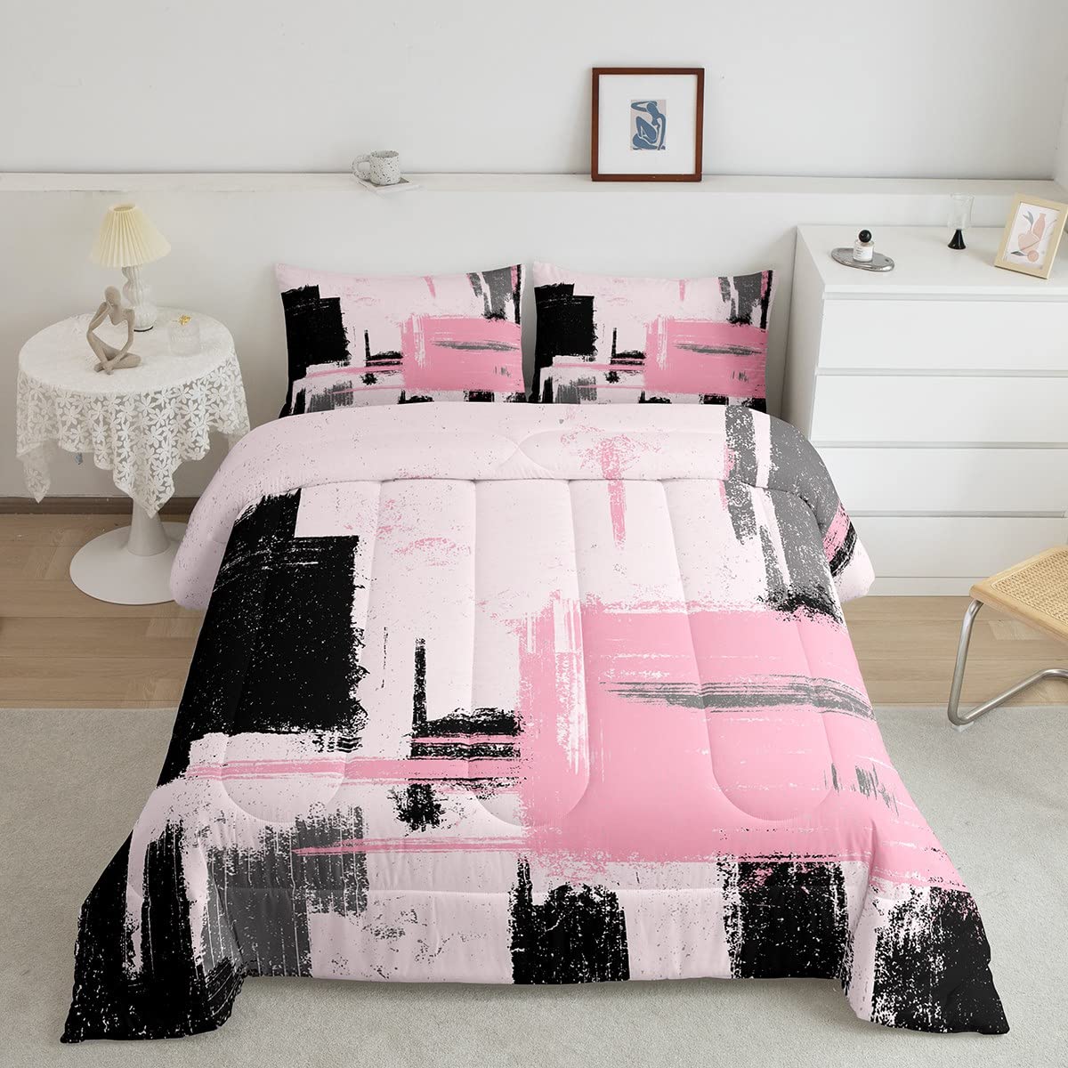 Feelyou Abstract Comforter Modern Abstract Art Comforter Set for Boys Girls Children Pink Black Pattern Bedding Set Room Decor Twin Size Duvet Set 2Pcs