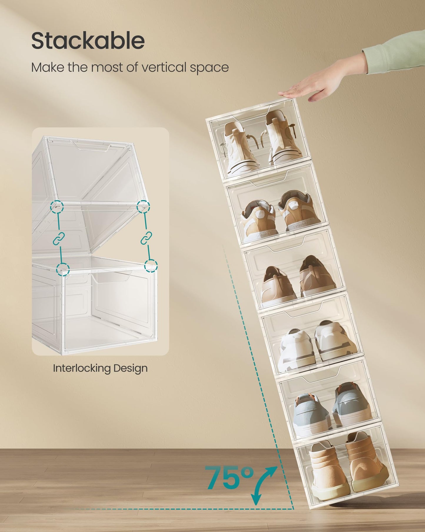 SONGMICS Shoe Boxes, Clear Shoe Organizers, Set of 12, Plastic Shoe Storage with Clear Door, Easy Assembly, up to US Size 13, Transparent White ULSP032W12