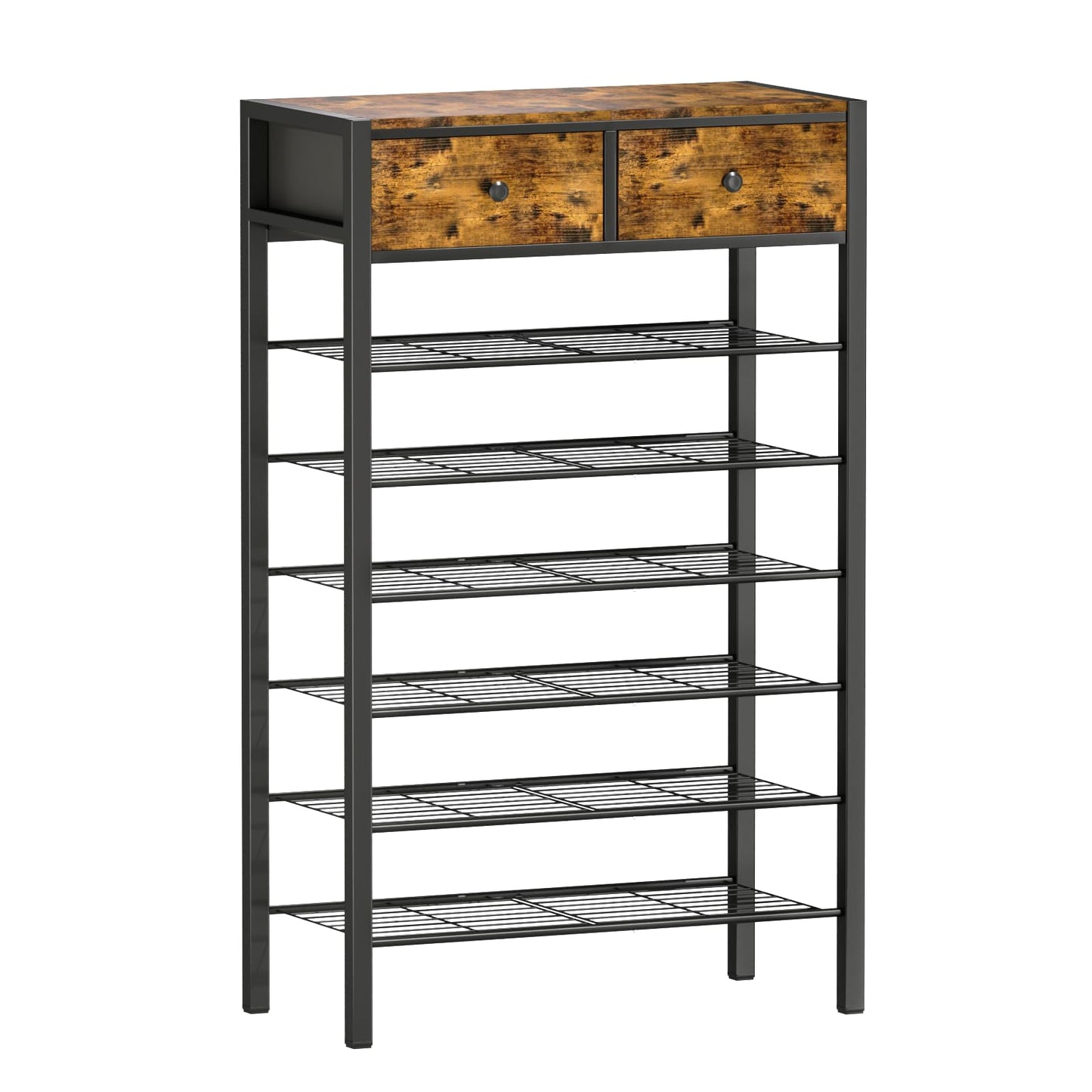 MILEFA 7 Tier Shoe Rack with 2 Drawers, Metal Shoe Organizer for 20 to 28 Pairs of Shoes, Shoe Stand with Steel Frame and Wooden Top, Shoe Shelf for Front Door Entrance, Closet, Rustic Brown