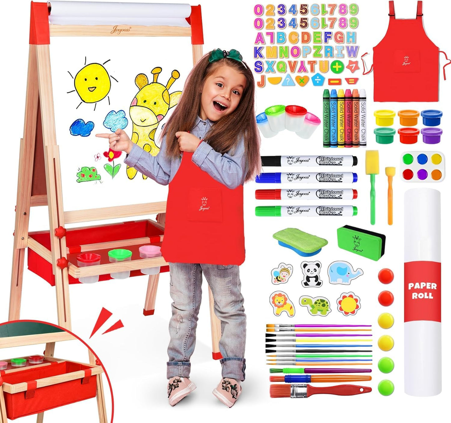 Joyooss Art Easel for Kids Easel for Toddlers,Adjustable Standing Double Sided Toddler Easels Kid Art Chalkboard with Paper Roll & Whiteboard,Easel for Kids Age 4-8 9-12
