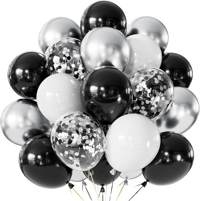 Black and Silver Balloons, 60 Pcs 12 In Metallic Silver, Black, White & Confetti Balloons for New Year’s Eve, Countdown Pa...