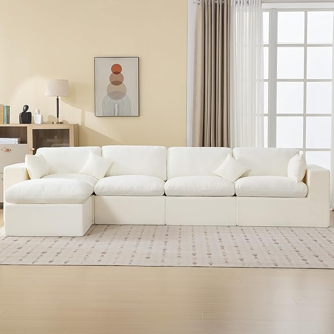 155''Cloud Boneless Modular Couch, Oversized Sectional Sofa Deep Seat with Ottomans, Modern Upholstered Convertible L Shape Couch Comfy 5 Seater Chenille Sofa Couches for Living Room, Beige